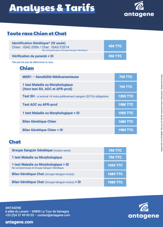 ANTAGENE Tarifs