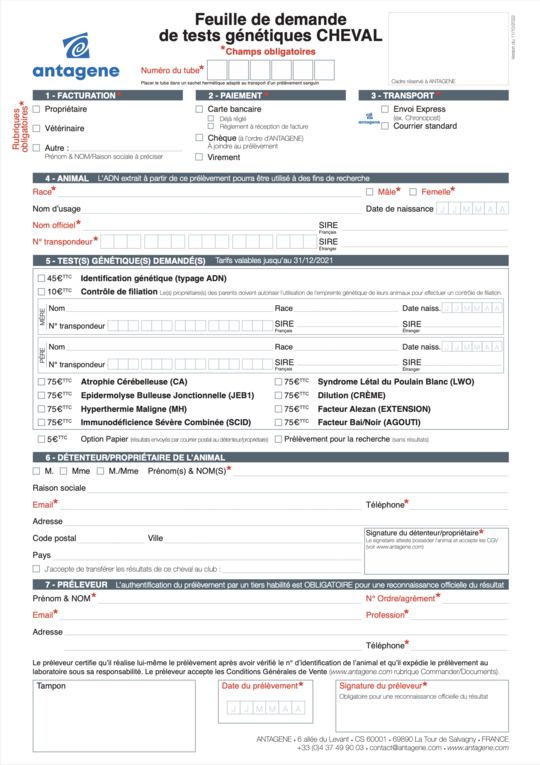 Formulaire d'analyses génétiques cheval